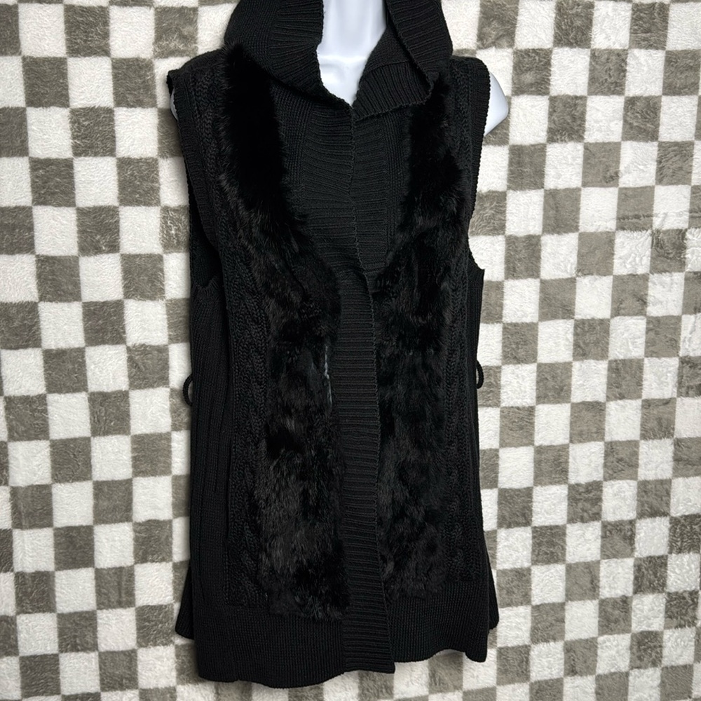 Dolce Cabo fur sweater vest rabbit fur wool blend black hooded tunic **see note